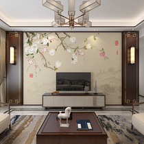  TV sofa background wall paper New Chinese modern bedroom living room Magnolia wallpaper plain wall cloth flower and bird mural
