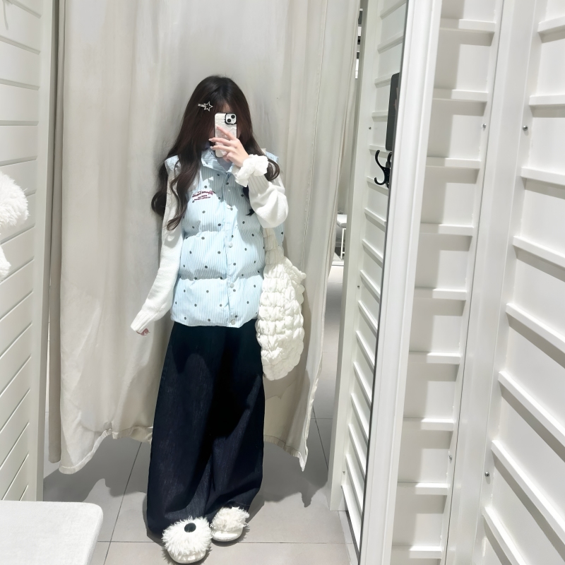 Korean-Style Fresh College-Style Light Blue Letter Embroidered down Cotton Vest for Women, Suitable for Autumn and Winter Outerwear with Polka Dots