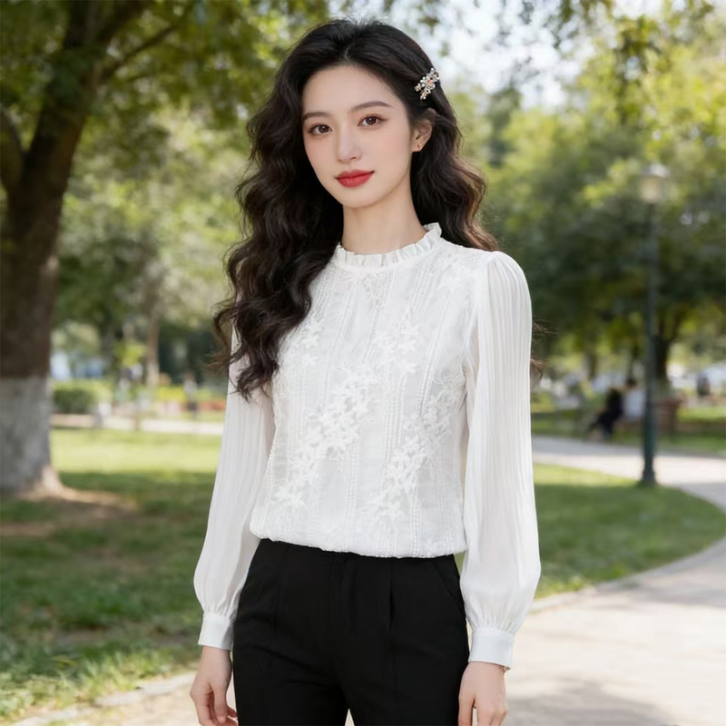 Hangzhou High-End Brand Silk Shirt for Women, Long-Sleeve Blouse with a Sense of Sophistication, Lace Embroidery, Fashionable Mulberry Silk Top