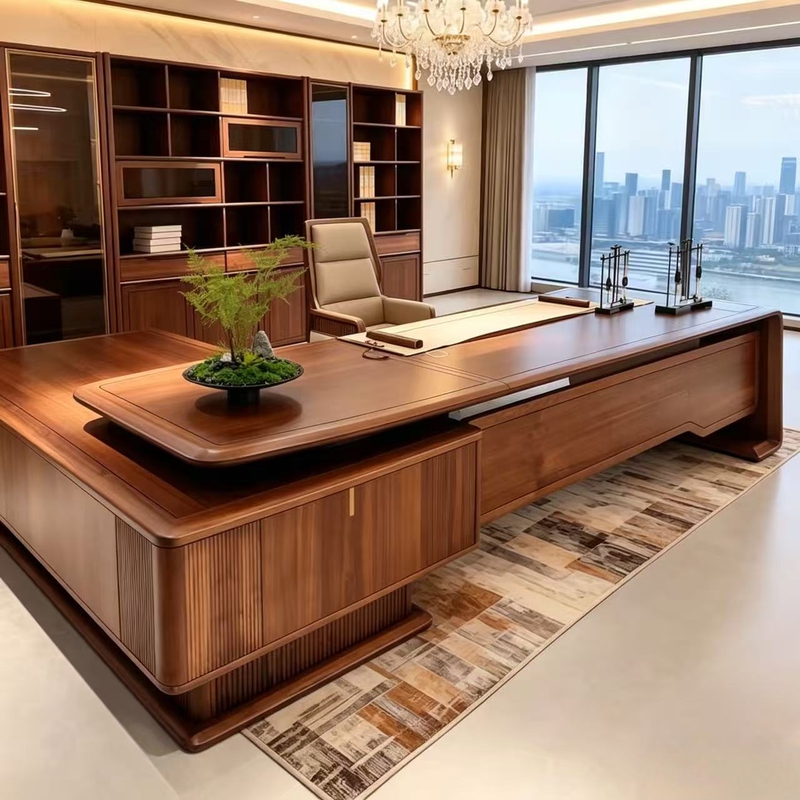 Wooden Language New Chinese Style Executive Desk Black Walnut Office Desk President's Desk with Side Cabinet Chairman's Solid Wood Executive Desk Wooden Language New Chinese Style Executive Desk Black Walnut Office Desk President's Desk with Side Cabinet Chairman's Solid Wood Executive Desk