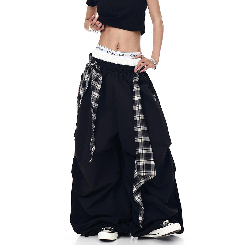 Blacklists American Retro Plaid Layered Pleated Paratrooper Pants Unisex Double Waistband Scimitar Wide-Leg Pants
