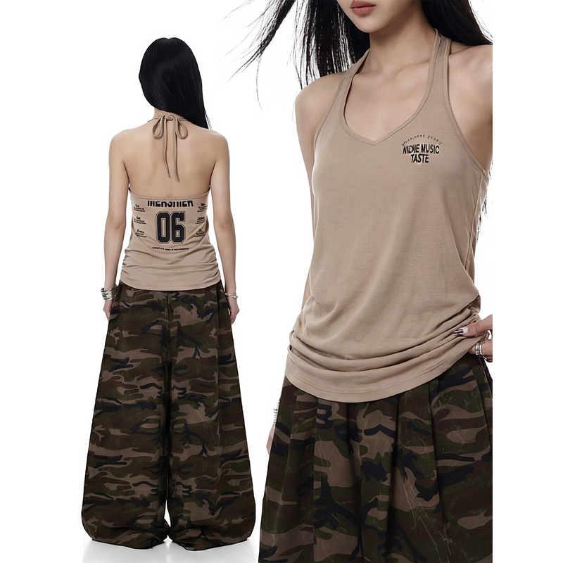 Blacklists American Style Spicy Girl Letter Print Backless V-Neck Halter Top Women's Summer Loose Sleeveless Top