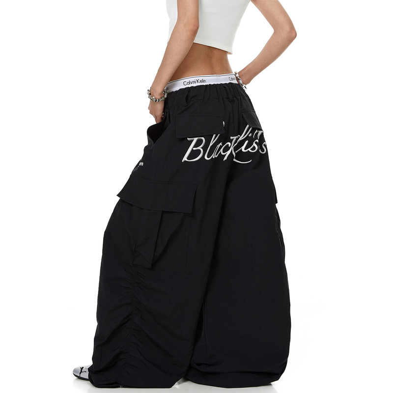 Blacklists American-Style Multi-Pocket Pleated Letter-Embroidered Paratrooper Cargo Pants Unisex Street Dance Trendy Wide-Leg Pants Blacklists American-Style Multi-Pocket Pleated Letter-Embroidered Paratrooper Cargo Pants Unisex Street Dance Trendy Wide-Leg Pants