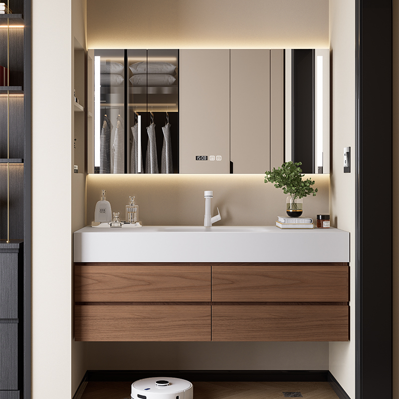 Japanese-Style Solid Wood Bathroom Cabinet Set with Sidiasha Corian Integrated Basin, Seamless Washbasin and Vanity
