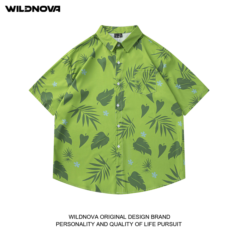 Wildnova Fresh Green Men's and Women's Casual Creative Leaf-Printed Short-Sleeved Shirts Men's and Women's Hawaiian Shirts