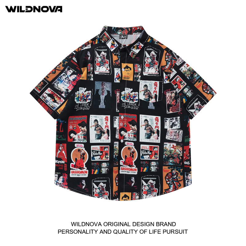 Wildnova National Fashion Brand Retro Street Movie Poster Printed Short-Sleeved Shirt Men's and Women's Hawaiian Shirt