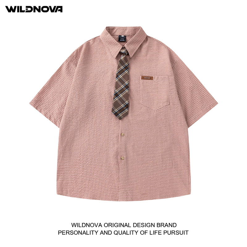 Wildnova Japanese Retro Tie Plaid Short-Sleeved Shirt for Men and Women Summer Textured Seersucker Student Shirt