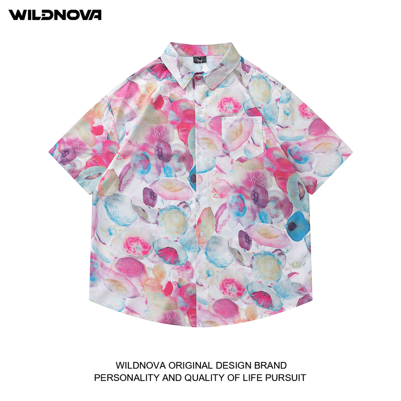 Wildnova Peach Pink Jellyfish Print Niche Design Short-Sleeved Shirt for Men and Women Hawaiian Shirt