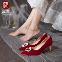 Joan Lan Show Wo Wedding Shoes 2022 New Wine Red Pearls High Heels Shoes Woman Wedding Shoes Bridal Wedding Dress Red Shoes