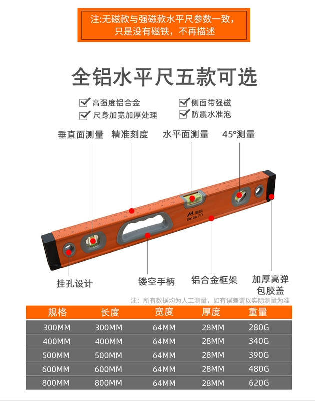 thuoc thủy Nhôm đúc nguyên khối cấp độ phẳng có độ chính xác cao mực nước chống rơi cân bằng thước từ tính mạnh thước hợp kim nhôm nhỏ lắp đặt tại nhà thước thủy laser thước thủy cân bằng