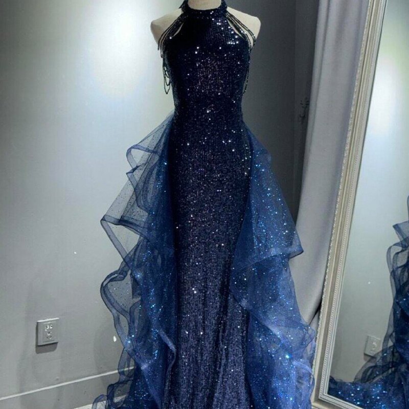Blue Evening Dress 2025 New Style Light Luxury Niche High-End Adult Piano Vocal Violin Art Exam Graduation Host Blue Evening Dress 2025 New Style Light Luxury Niche High-End Adult Piano Vocal Violin Art Exam Graduation Host
