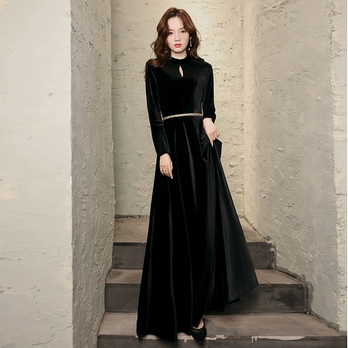 Черное цветное элитное вечернее платье, юбка, длинный элегантный бархатный лонгслив, длина макси