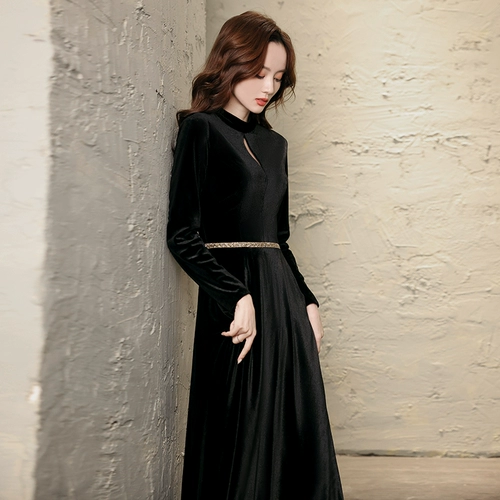 Черное цветное элитное вечернее платье, юбка, длинный элегантный бархатный лонгслив, длина макси