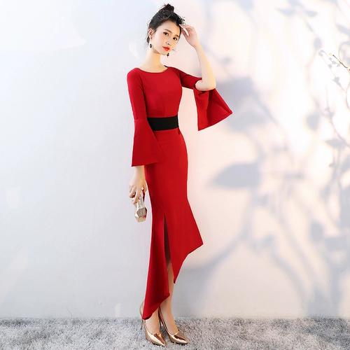Красное длинное осеннее вечернее платье, 2020, ассиметричный крой, крой «рыбий хвост»