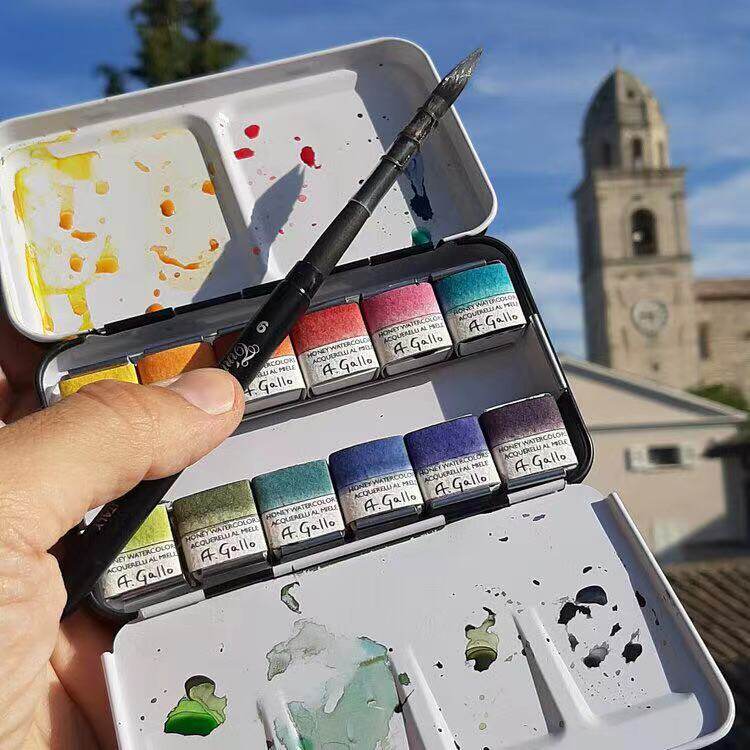 Italian Agallo Gallo artist hand-grinding solid watercolor paint set