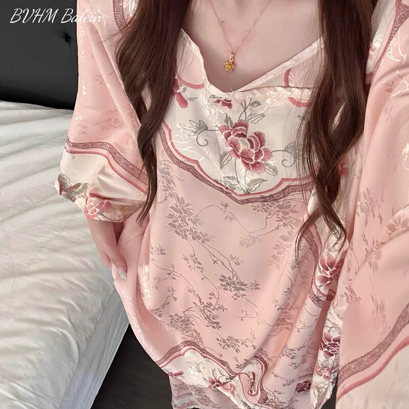 French Silk New Chinese-Style Pajamas for Women 2026 Autumn Ice Silk National Style Floral Retro Print Home Wear Set French Silk New Chinese-Style Pajamas for Women 2026 Autumn Ice Silk National Style Floral Retro Print Home Wear Set
