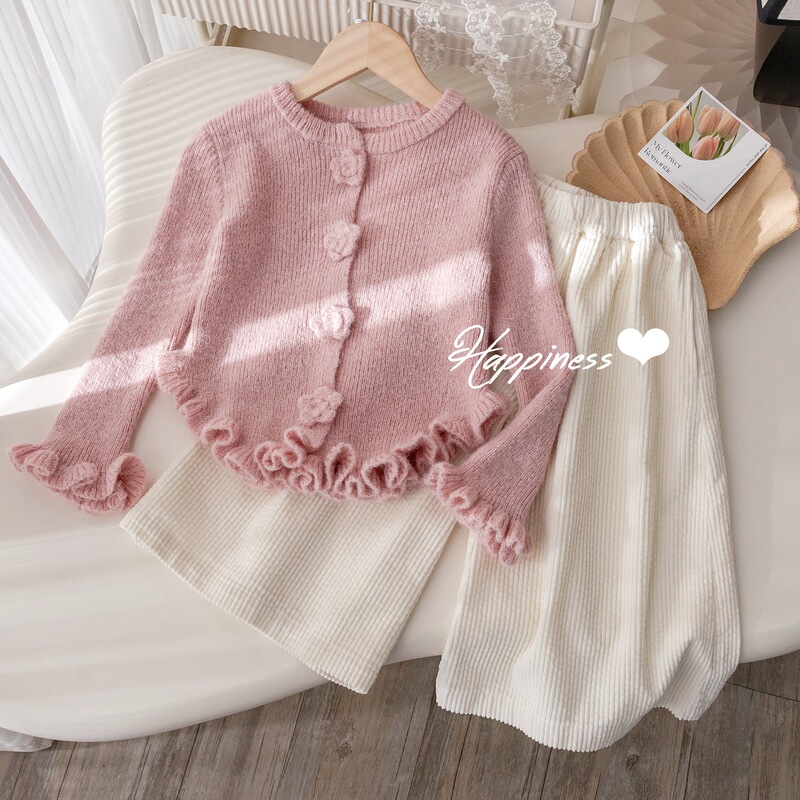 Girls' Gentle Lace Knit Cardigan Two-Piece Set, Spring and Autumn Baby Korean Style Sweater, Straight-Leg Casual Pants Set, Trendy Girls' Gentle Lace Knit Cardigan Two-Piece Set, Spring and Autumn Baby Korean Style Sweater, Straight-Leg Casual Pants Set, Trendy