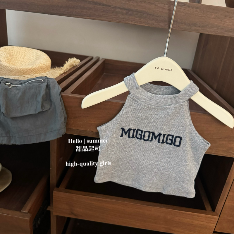 2025 Summer New Style Baby Girl Halter Neck Letter Vest Fashionable Sleeveless Sports Top for Girls 0-6 Years Old Trendy Style 6