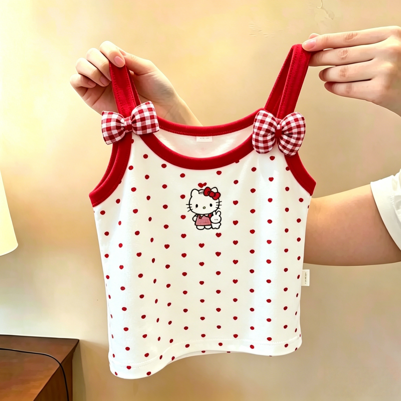 Girls' 2026 Summer New Stylish Polka Dot Print Camisole Baby Girl Vest Cute Bow Sleeveless Top