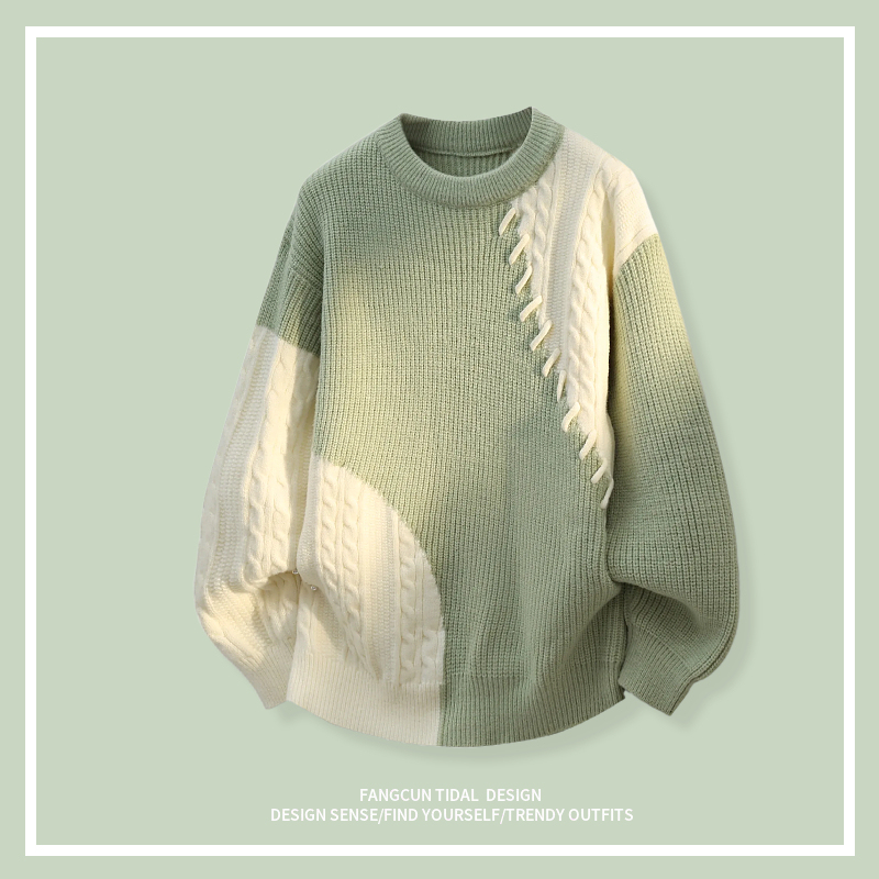 「Green Mustard Cream」Fcun Niche Design Japanese Retro Patchwork Knit Pullover Sweater for Men and Women 「Green Mustard Cream」Fcun Niche Design Japanese Retro Patchwork Knit Pullover Sweater for Men and Women