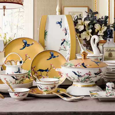 High-end bone China tableware European-style dishes set Household Jingdezhen ceramics Phnom Penh Chinese dishes luxury combination