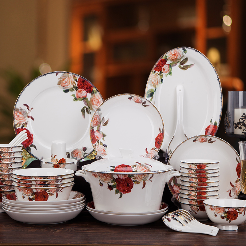Bone porcelain tableware Bowl plate household Chinese dish set Jingdezhen ceramic tableware bowl chopsticks plate combination gift