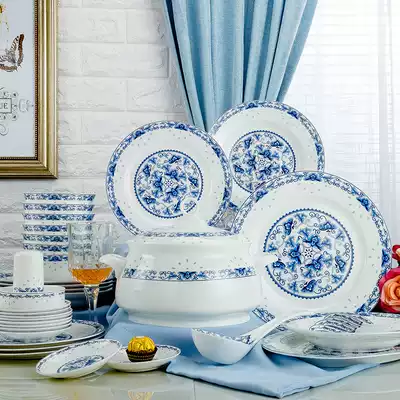 Jingdezhen blue and white porcelain cutlery set set Chinese 56-head dish set set home simple bone china bowl set set