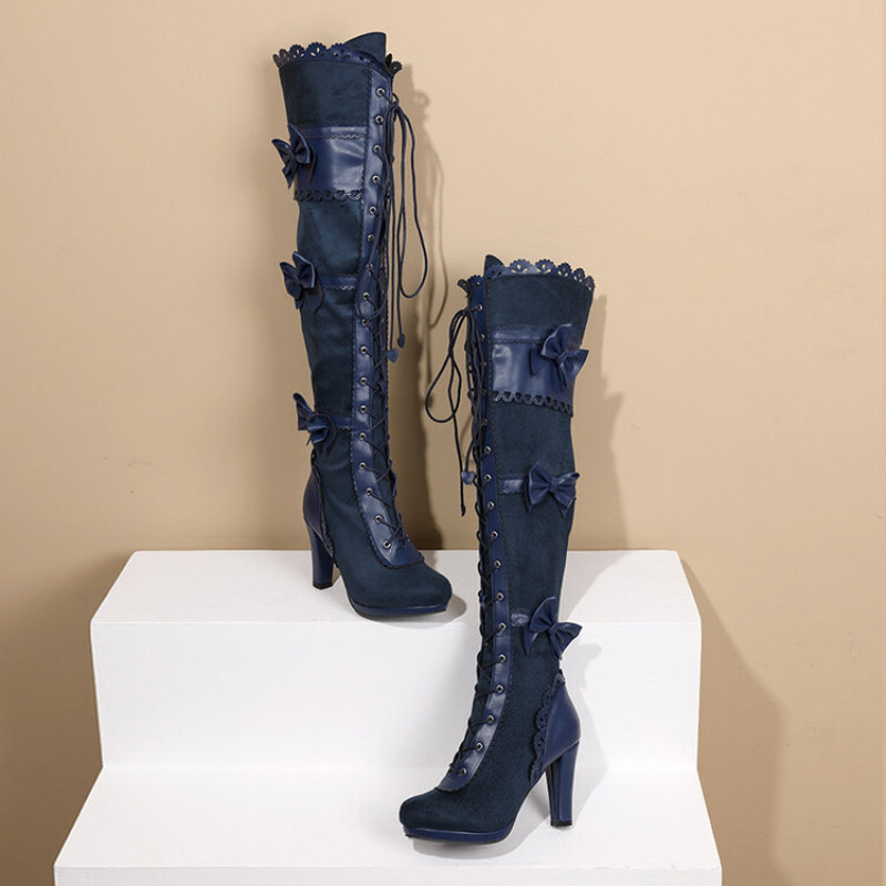 Victorian Retro Women's Over-the-Knee Boots, High Heels, Renaissance Handmade Shoes, Side Zipper Bow Lace-up Boots