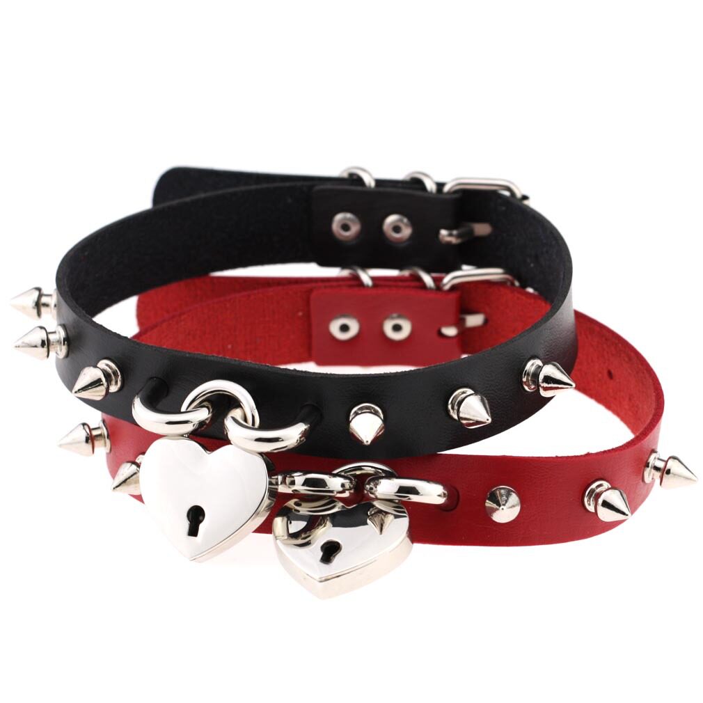 European and American punk personality leather Spice Tying toy tips Neck Sleeves Love Lock Rivet Necklace Bull Leather Necklace 