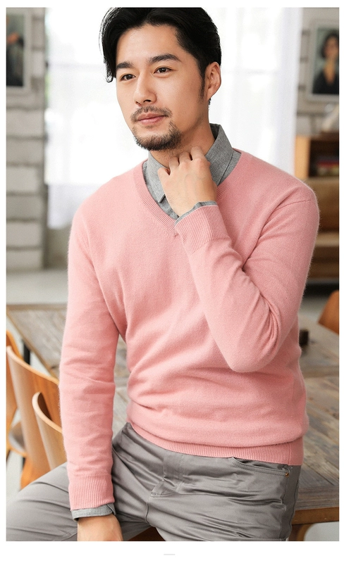 Áo len cashmere 100% nguyên chất nam cổ chữ V 2019 dày mùa đông thời trang nam trẻ trung áo len len dệt kim đáy áo - Áo len