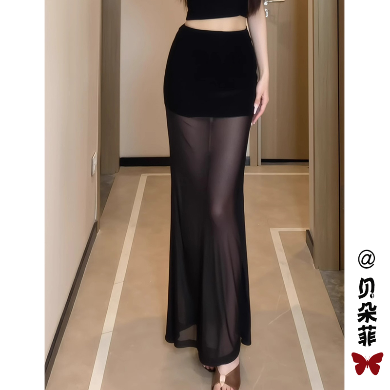夏の軽いメッシュスカートレディースハイウエストスリミングAラインヒップフィッシュテールスカートスカートプチガーゼスカートロングスカート