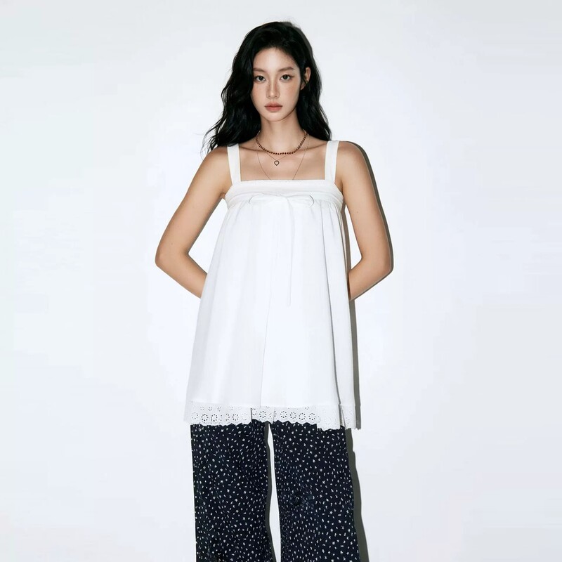 Moodberry American Retro Resort Style Lace-Trimmed Suspender Dress Top for Women, Summer Sleeveless Off-Shoulder Top