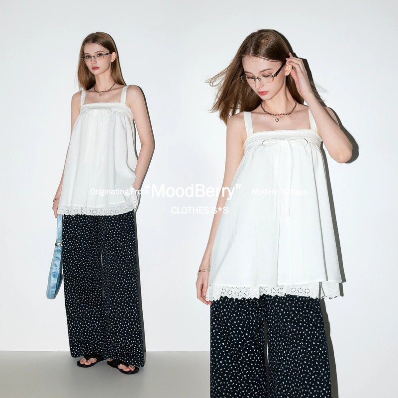 Moodberry American Retro Resort Style Lace-Trimmed Suspender Dress Top for Women, Summer Sleeveless Off-Shoulder Top