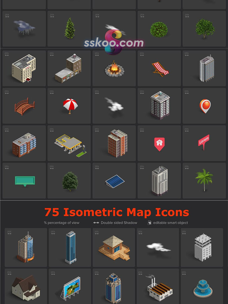 2.5D等距建筑公路人物树木动物定位场景3D立体插画PSD设计PS素材插图3