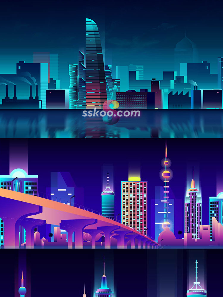 炫彩霓虹城市建筑高楼夜景场景3D立体插图插画AI矢量设计素材模板插图8