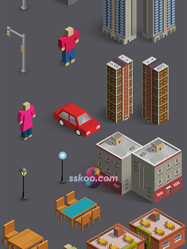 2.5D等距建筑公路人物树木动物定位场景3D立体插画PSD设计PS素材插图15