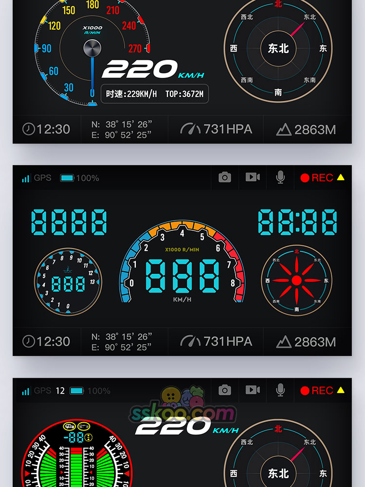 汽车摩托车HUD仪表盘油表坡度仪胎压罗盘UI界面PSD设计模板素材插图3