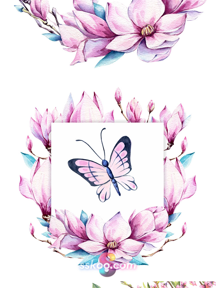 花卉郁金香百合蝴蝶手绘水彩剪贴画插画PNG免扣PSD设计装饰素材插图10