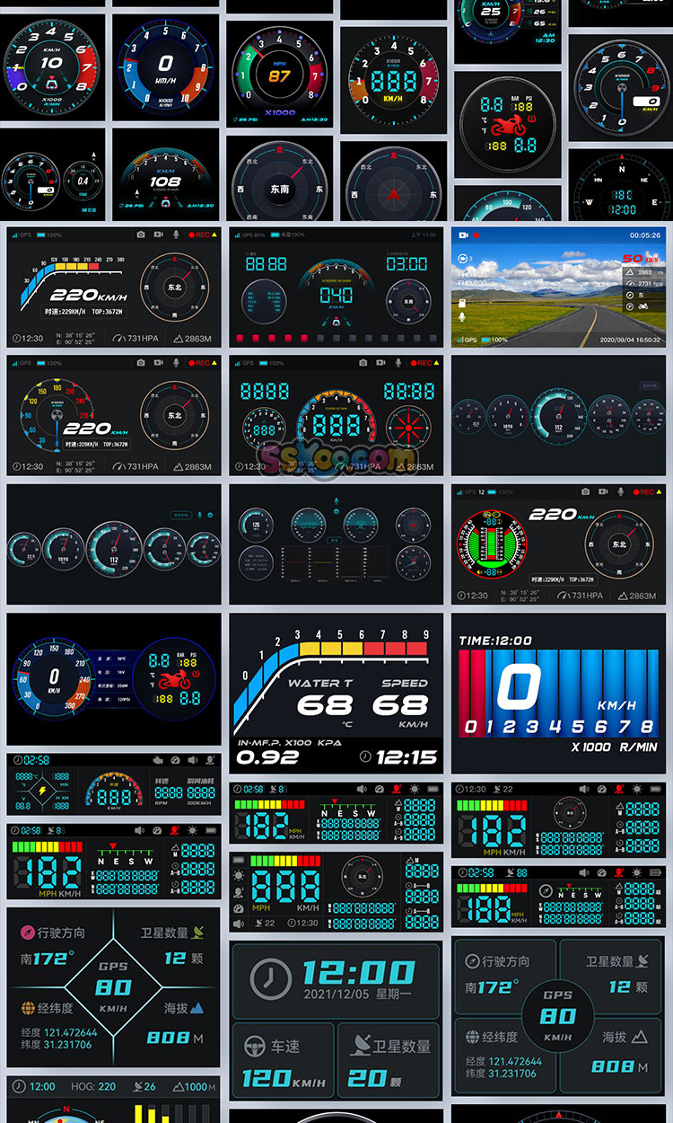 汽车摩托车车载中控表盘仪表盘HUD胎压车速UI界面PSD设计素材模板插图1
