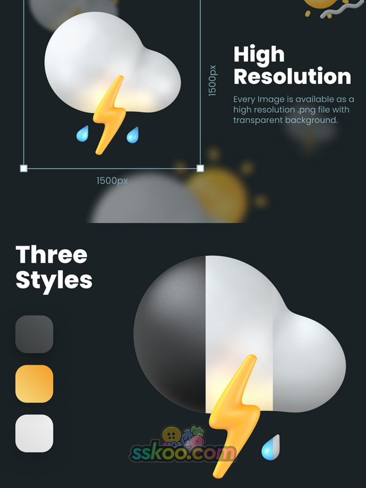 3D立体天气太阳多云月亮雷电下雨icon图标fig格式设计素材png图片插图3