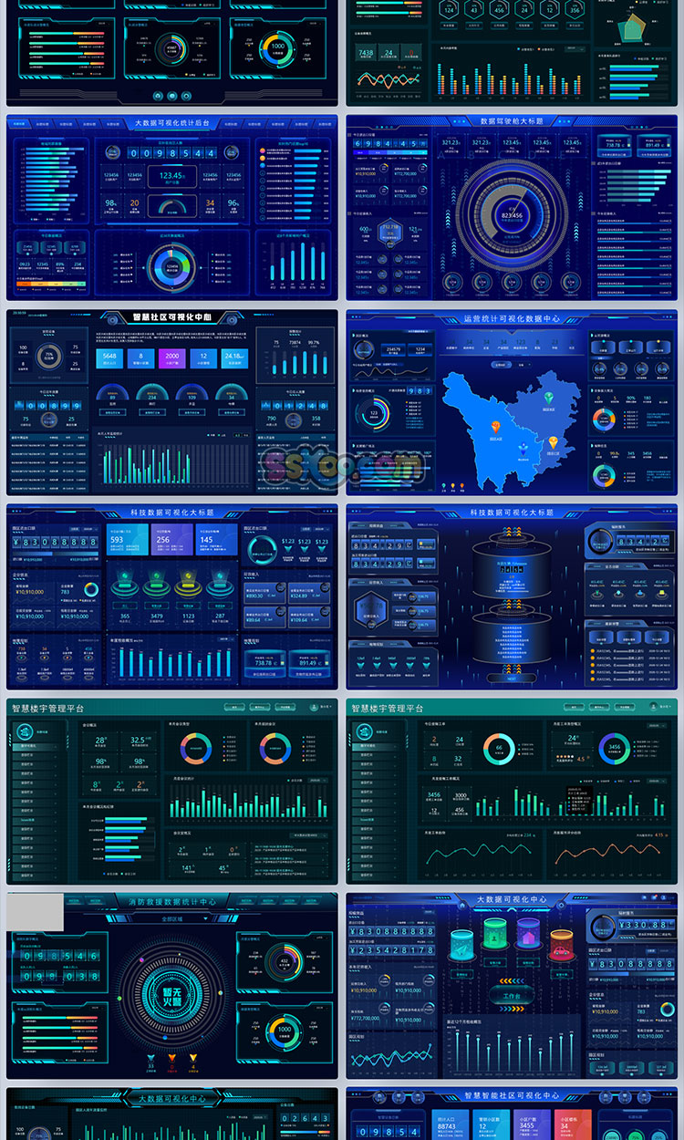 中文大屏首页可视化大数据HUD暗黑UI界面后台管理系统XD素材模板插图1
