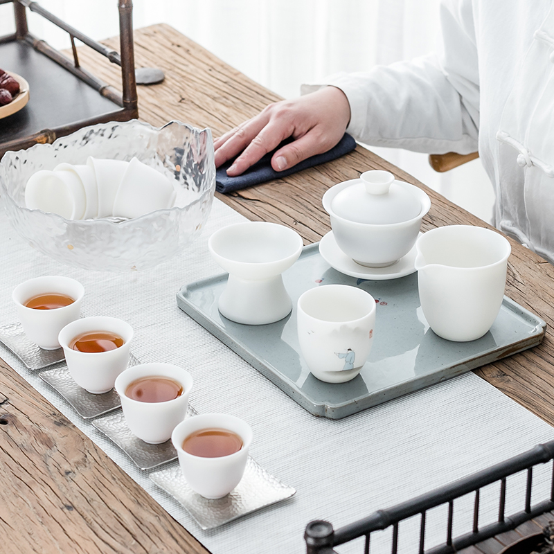 Dehua white porcelain tea set Handmade cover bowl teapot Household simple Kung Fu tea cup Sheep fat jade white porcelain tea set