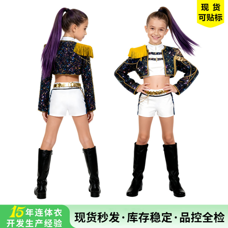 Cross-Border Halloween K-Pop Huntress Girl Group Cosplay Costume Children's Black Gold Print High-End Stage Costume Superstar Performance Costume Cross-Border Halloween K-Pop Huntress Girl Group Cosplay Costume Children's Black Gold Print High-End Stage Costume Superstar Performance Costume