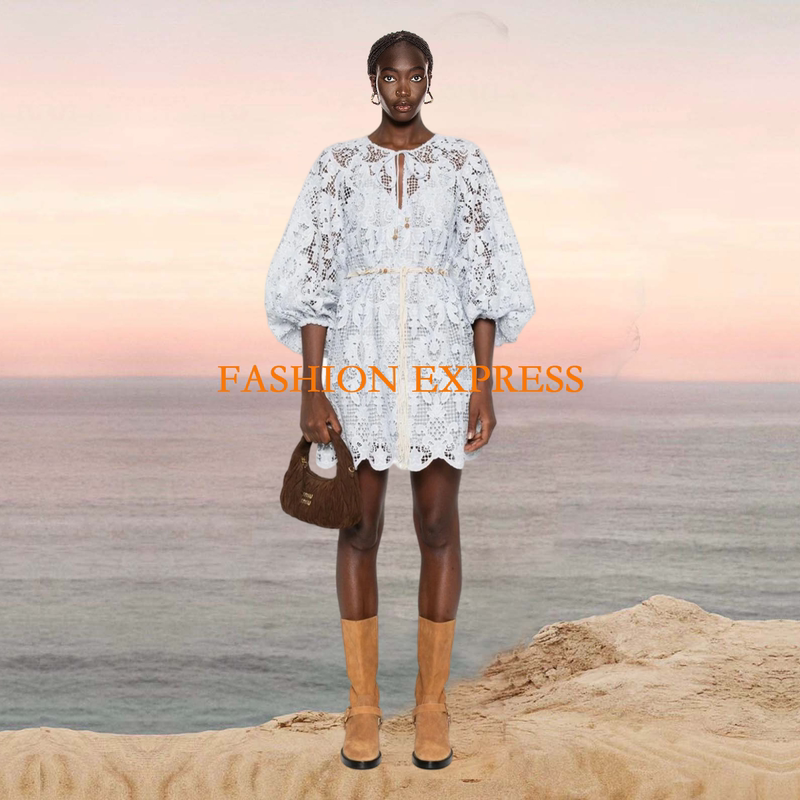 [Discount Selection] Cross-Border Trade Overseas Coco Powder Blue Lace Long-Sleeve Straight-Cut Mini Dress