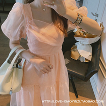 2021 summer new womens pink dress Mori ankle fairy French small side shoulder Super fairy dress