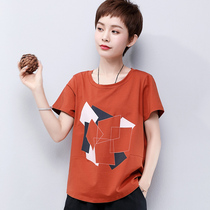 Middle aged woman big code full cotton short sleeve 2021 new summer loaded loose blouse 40-year-old 50 ocean gas mom pure cotton t-shirt