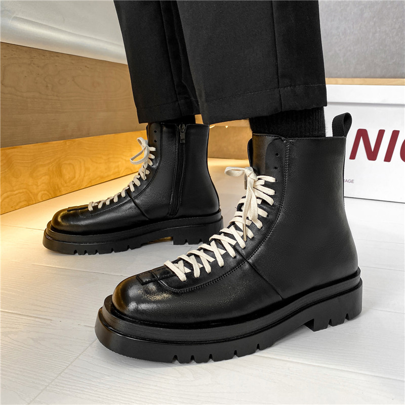 High cylinder Martin boots Men's Chains autumn Winter Korean version Inlenty wind thick base Leisure locomotive Overalls boot black leather boots