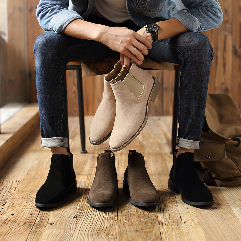 Chelsea Boots for Men, Autumn and Winter, with Fleece Lining, Height-Increasing Short Boots, British Style, Large Size, Slip-On, Casual High-Top Martin Boots, Men's Shoes