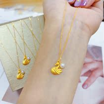 Foot gold 999 pure gold fashion swan Pearl gold pendant set chain 3d hard gold female clavicle necklace jewelry New