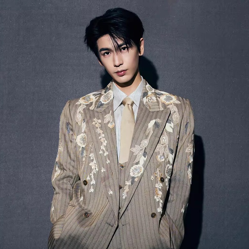 Zhang Linghe Celebrity-Style Embroidered Suit for Men, Brown Striped Double-Breasted High-End Stylish Suit with Shoulder Pads